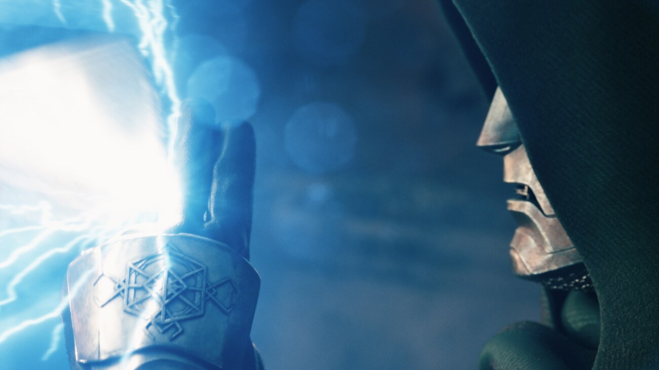 A gloved hand raises a lightning-charged hammer